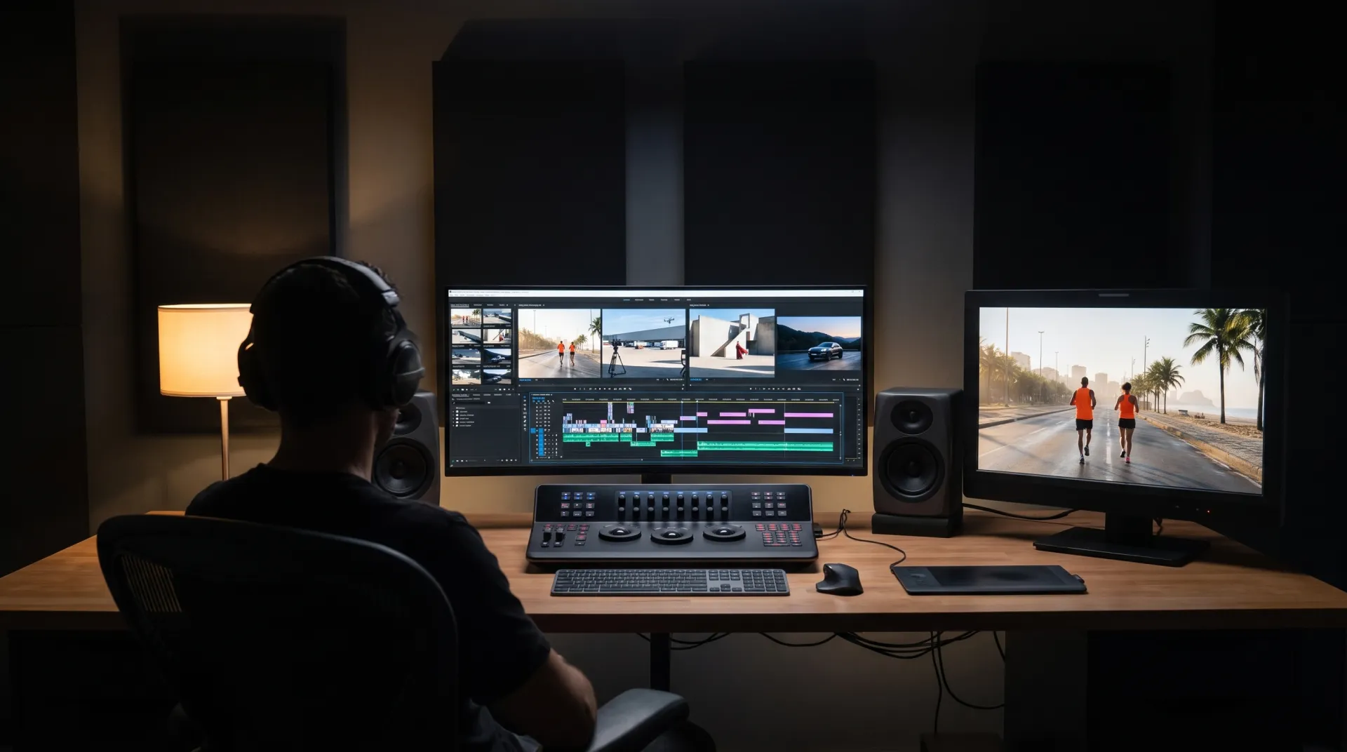 Editor de costas em uma ilha de edição, com os filmes na linha do tempo.