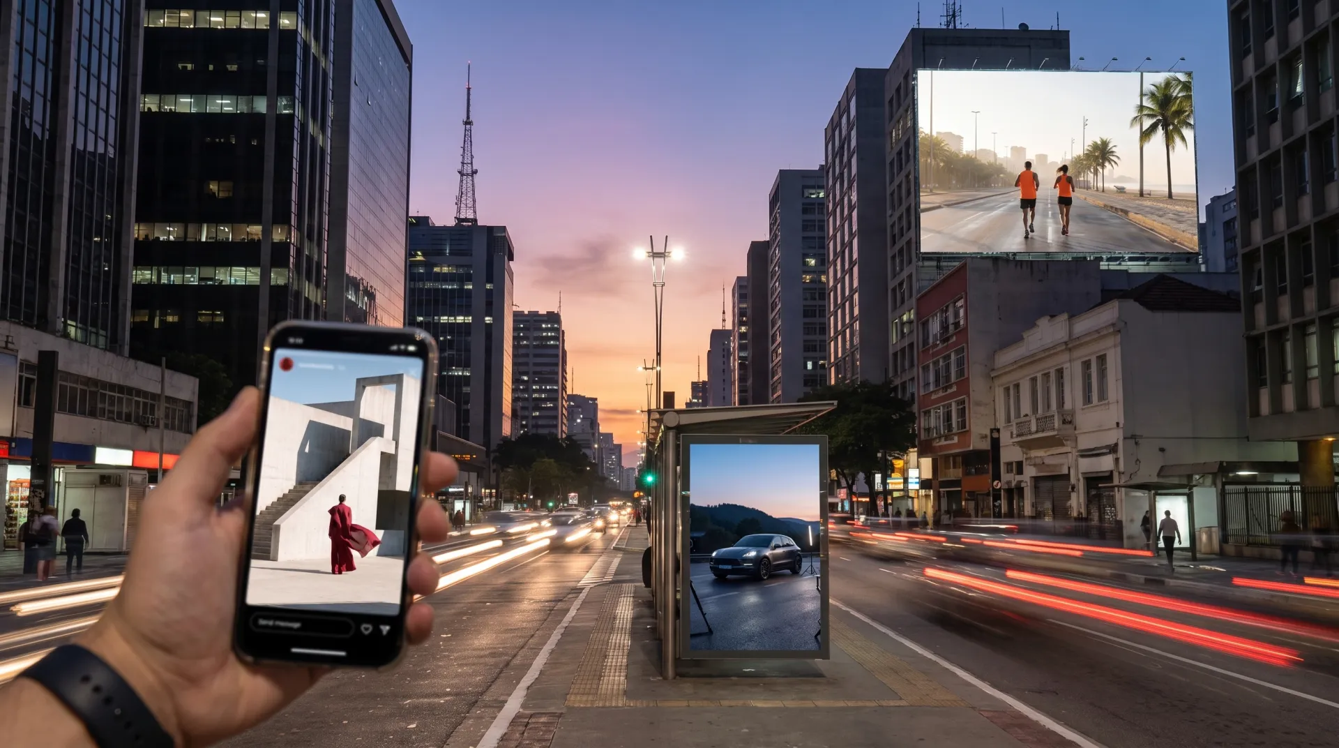 Avenida ao entardecer com o filme em um outdoor, em um painel de rua e na tela de um celular.