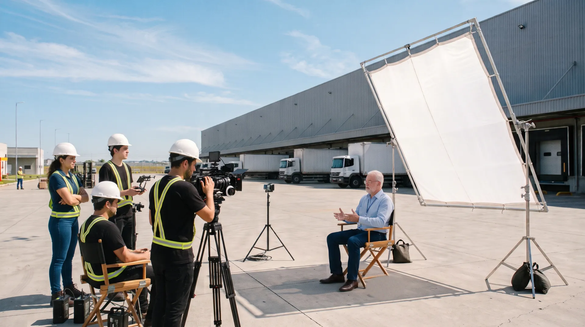 Equipe de capacete e colete grava a entrevista de um diretor no pátio de um centro logístico.