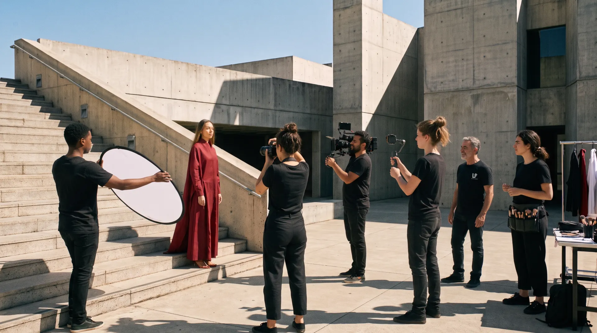 Equipe fotografa e filma uma modelo de vestido vermelho em uma escadaria de concreto.