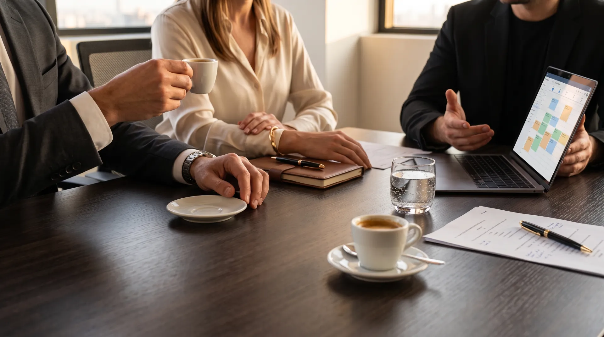 Reunião em uma mesa escura: uma pessoa apresenta o planejamento no notebook enquanto outra toma um espresso, com caderno, roteiro e canetas sobre a mesa.